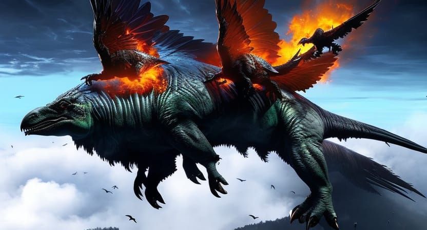 Photorealistic Raven Dinosaur Flying Above Clouds