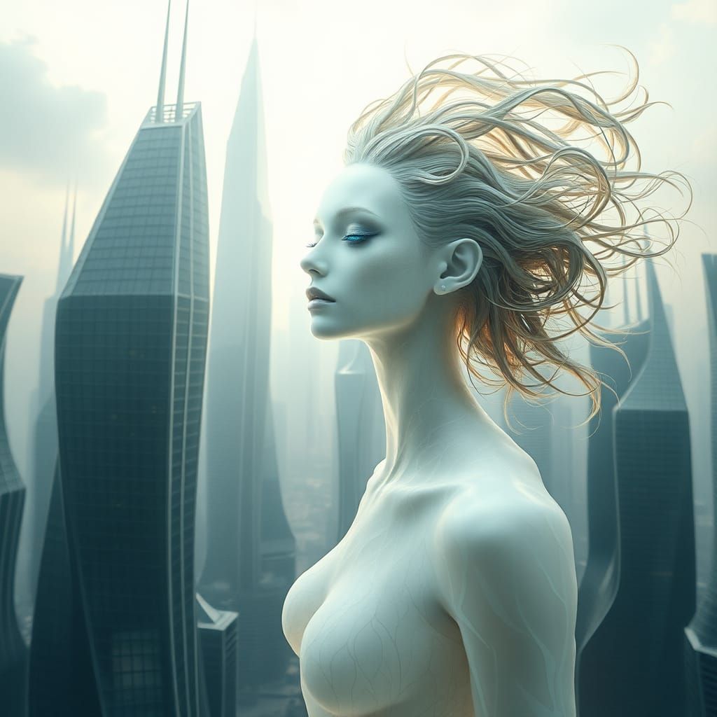 Ethereal Shamaness in Surreal Cityscape, Digital Art