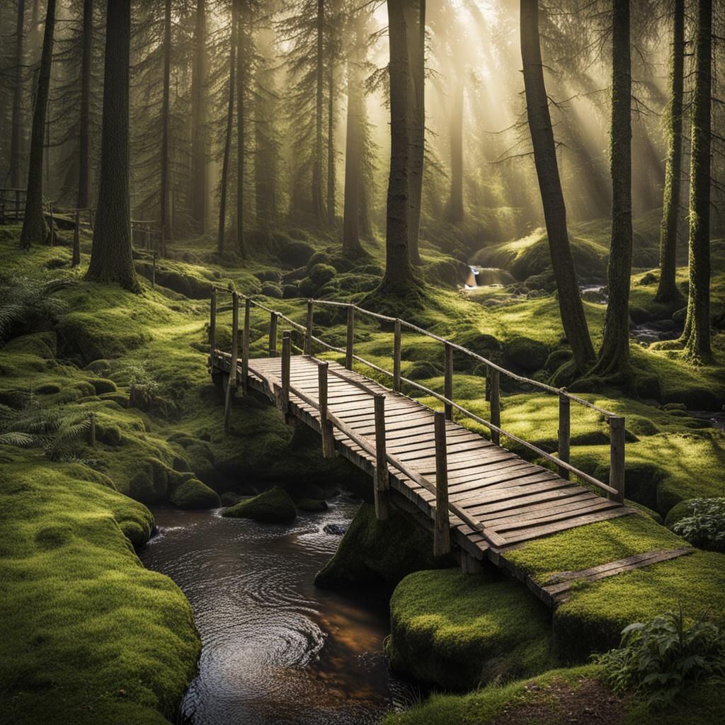 Wooden bridge over a small stream in a forest.