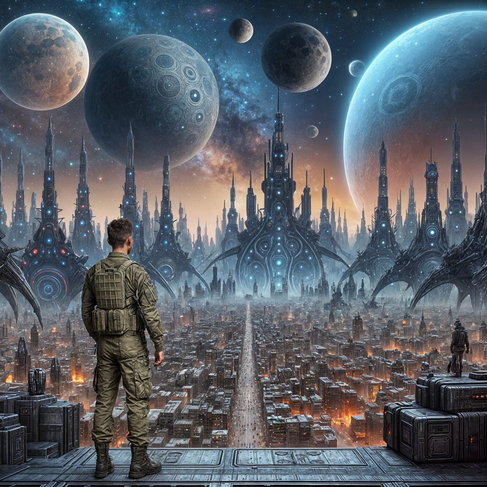 Alien Cityscape with South Asian Soldier