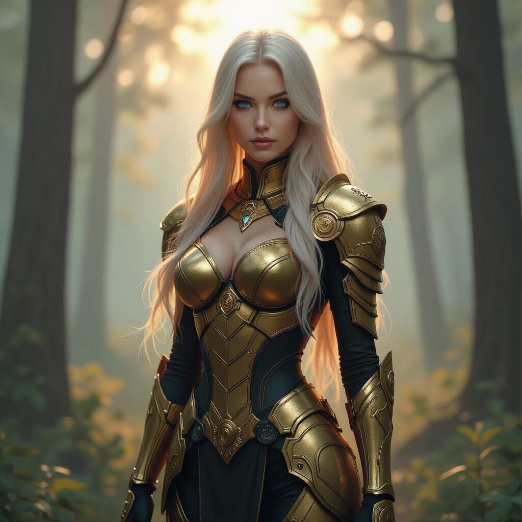 Cyberpunk Woman in Gold Armor, Hyper-Realistic Style