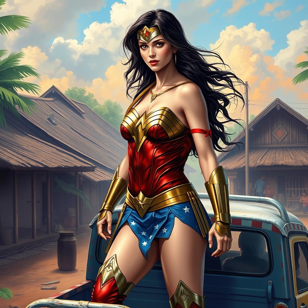 Wonder Woman in Indonesian Village: Hyperrealistic Concept A...