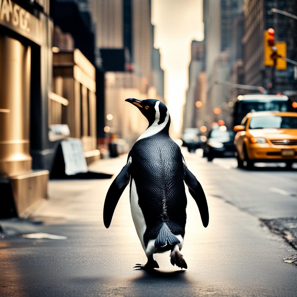 Penguin Strolls Through Hyperrealistic New York City Scene