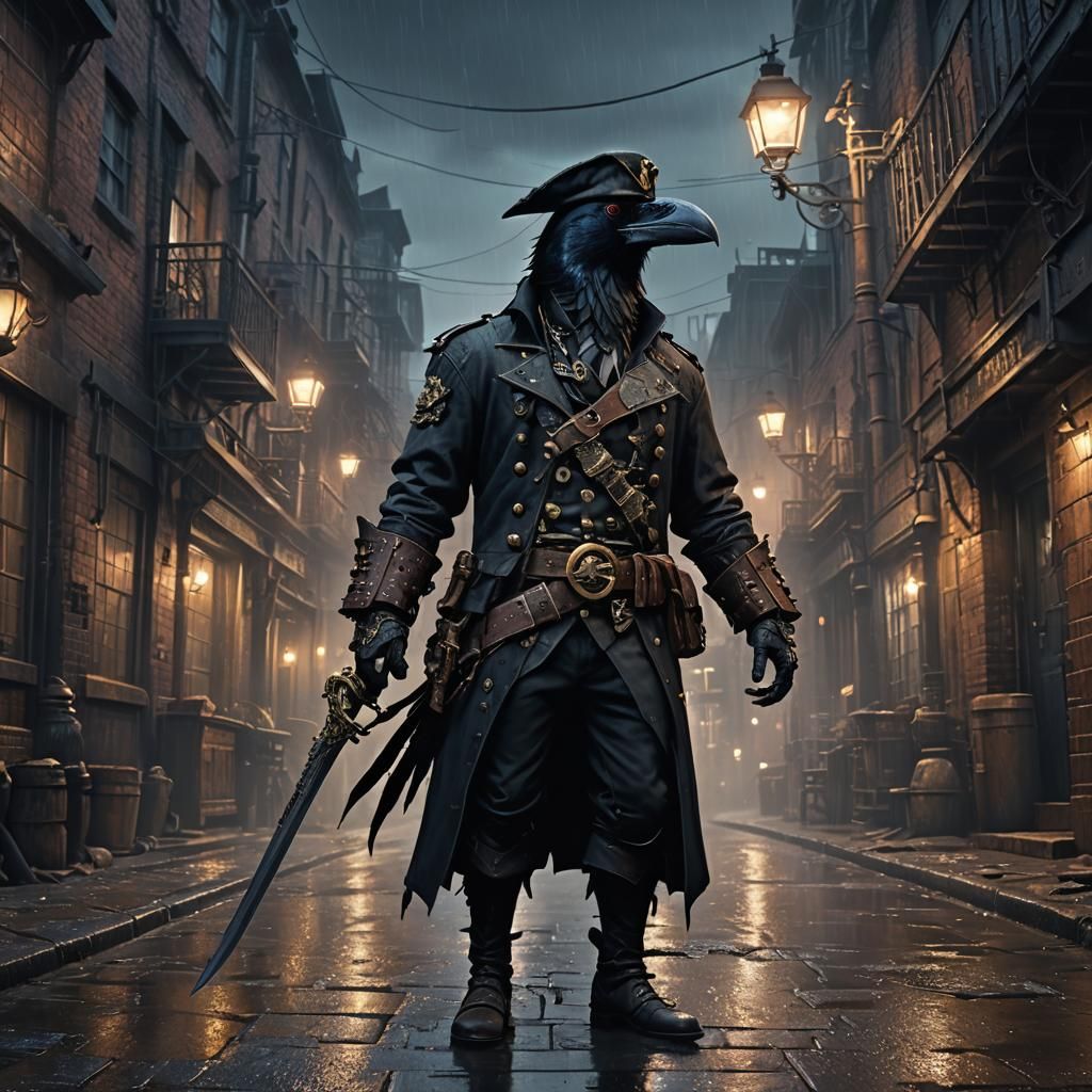 Steampunk Raven Pirate in Rainy Alleyway