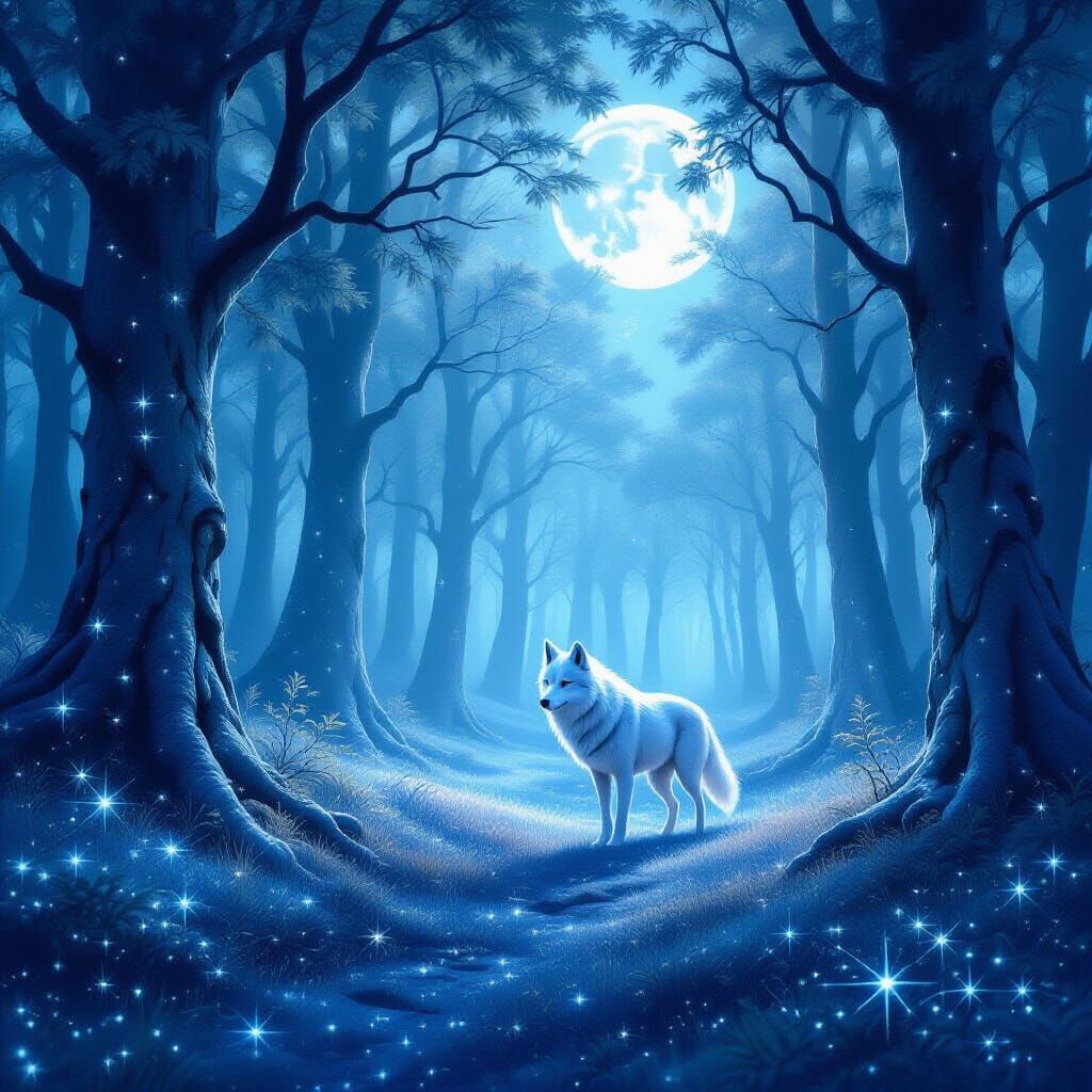 Moonlight Forest with Constellation Ground and Spectral Wolf