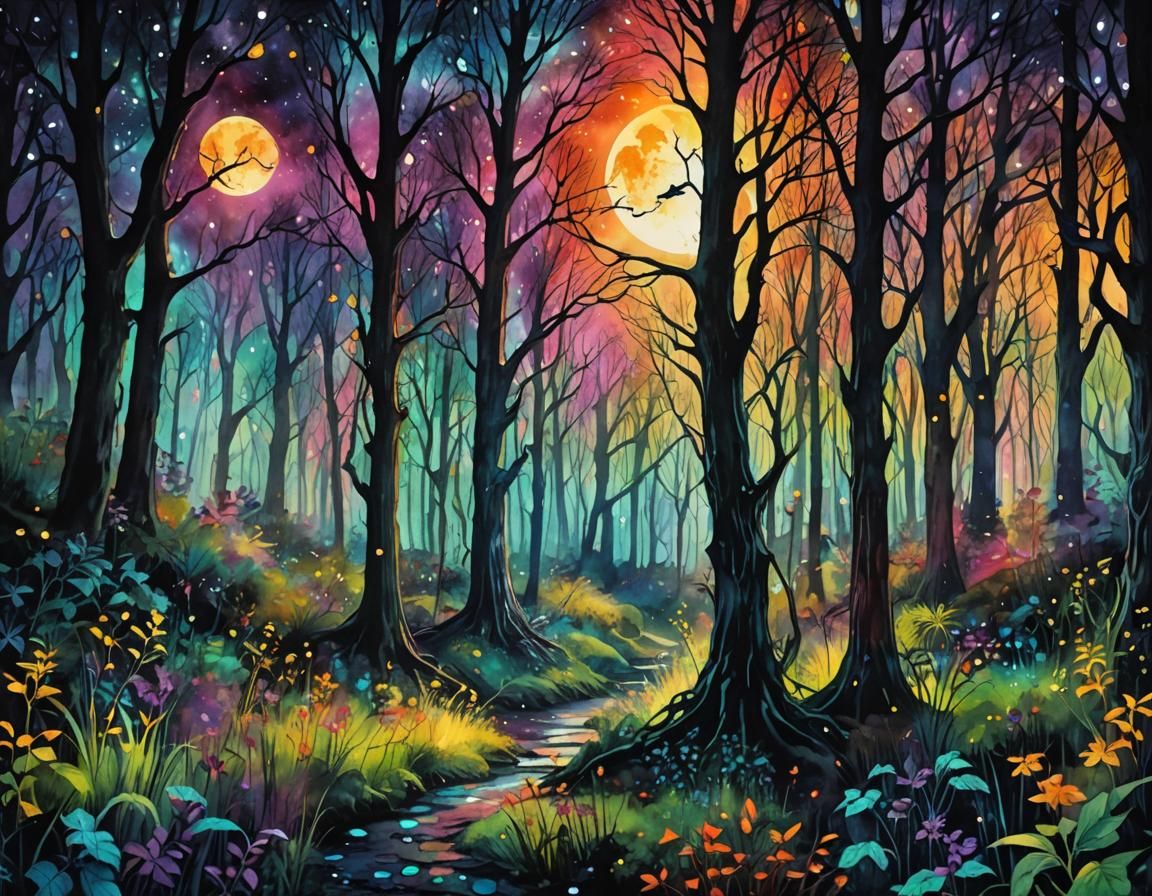 Iridescent Fireflies Light a Macabre Forest