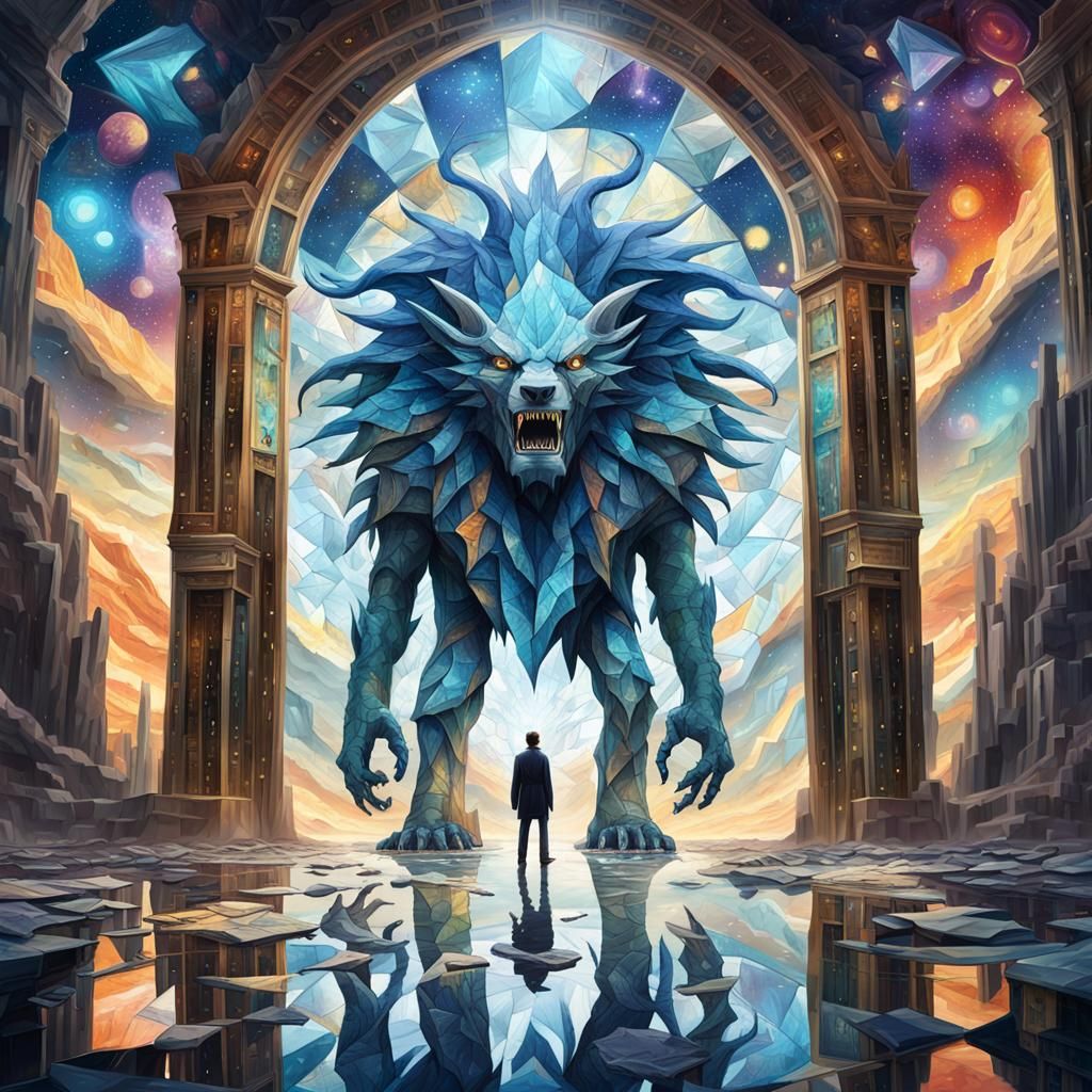 Shimmering Glass Entity in Fractured Realities