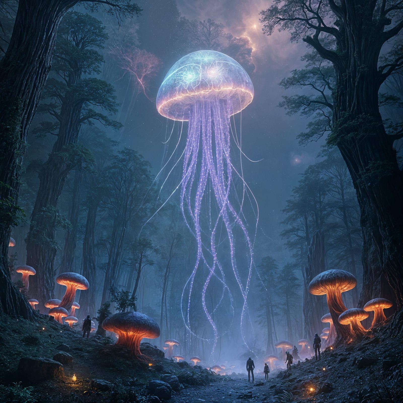 Giant Nebula Jellyfish in Bioluminescent Forest