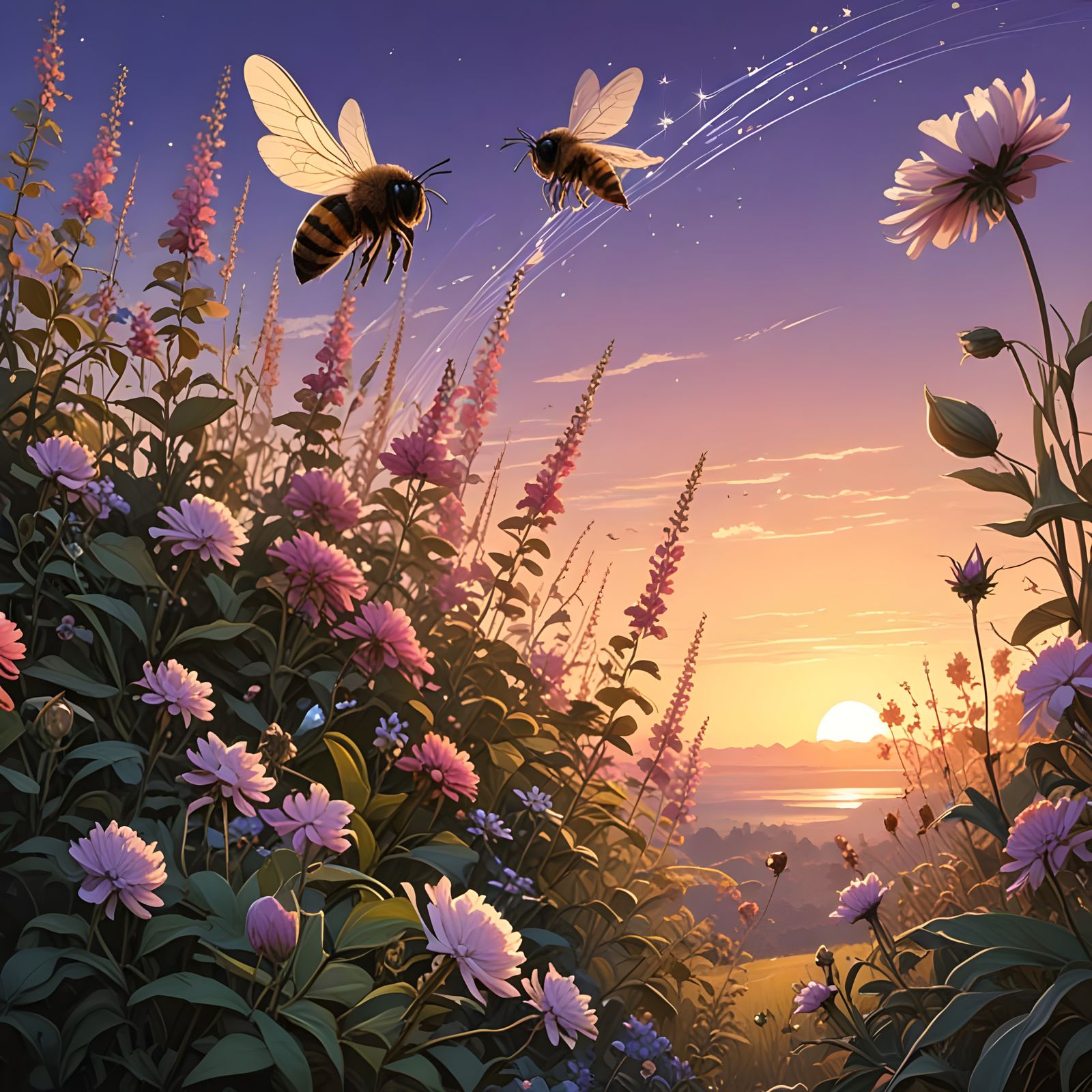 Surreal Bees Dance in Twilight Sky