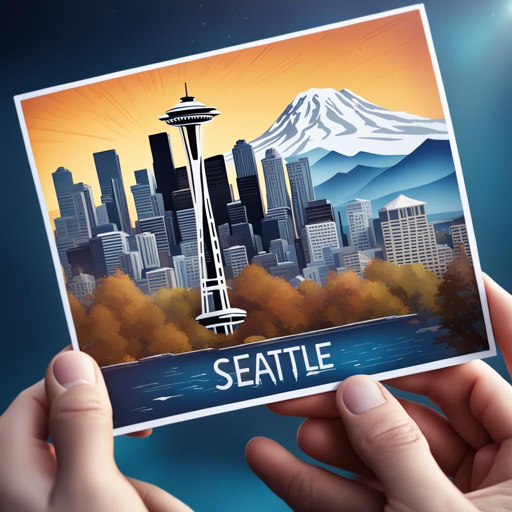 Seattle Skyline Postcard: Detailed Matte Painting