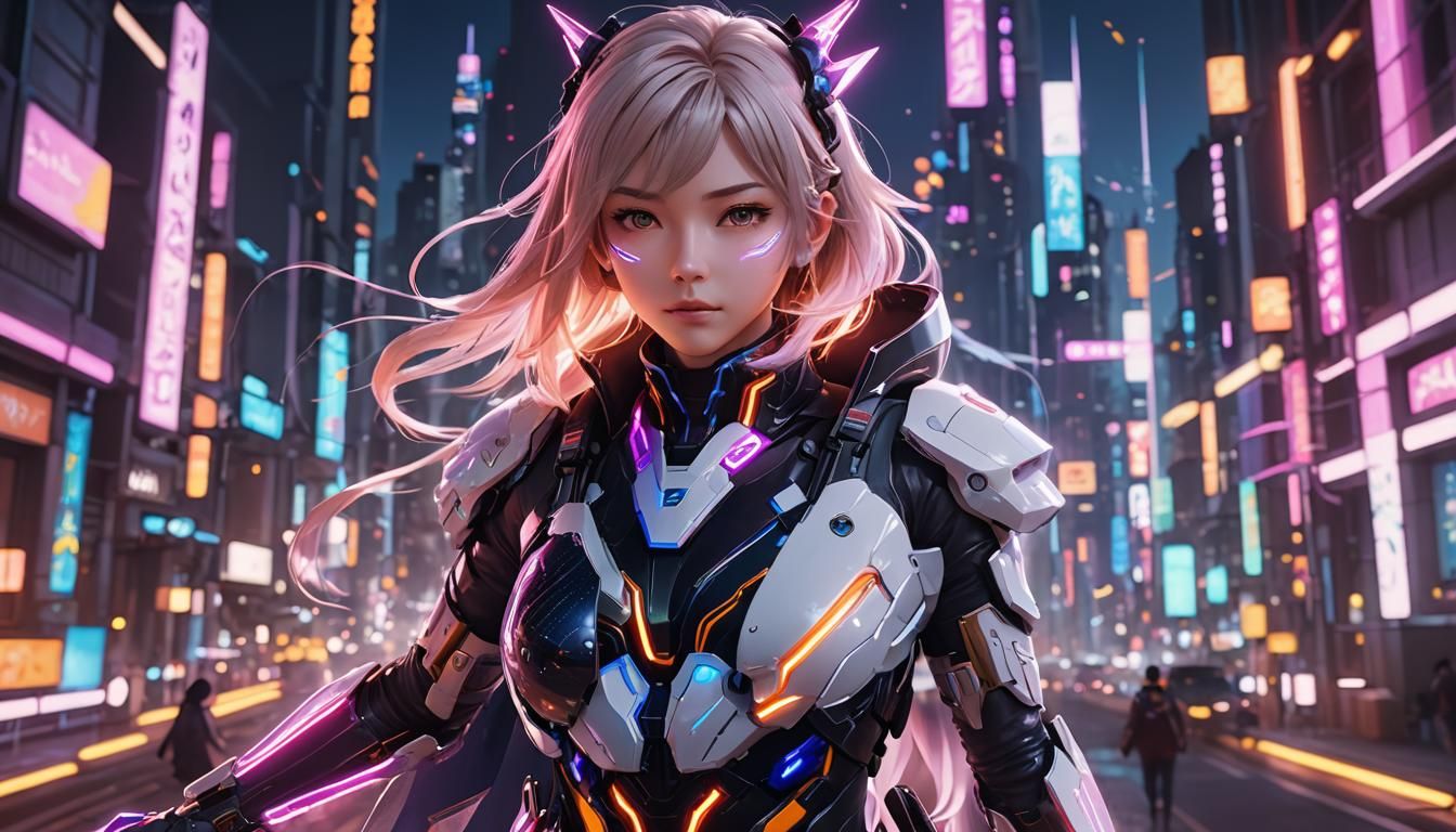 Futuristic Anime Character with Glowing Powers in Neon City