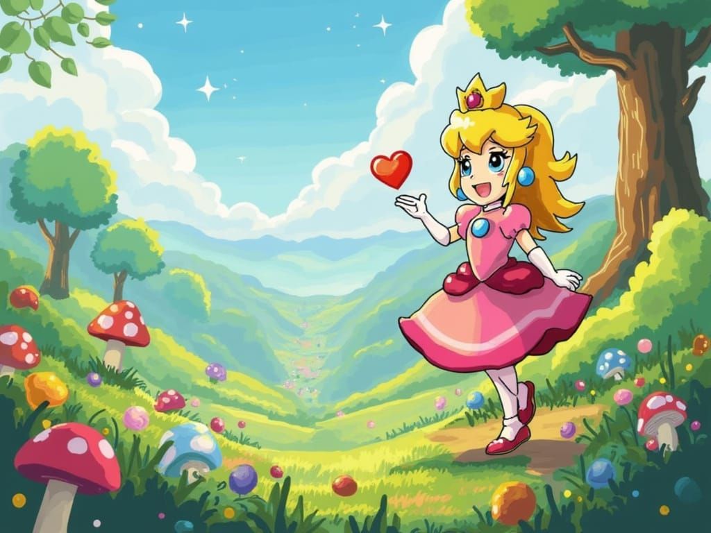 Princess Peach Holding Heart in Mushroom Kingdom