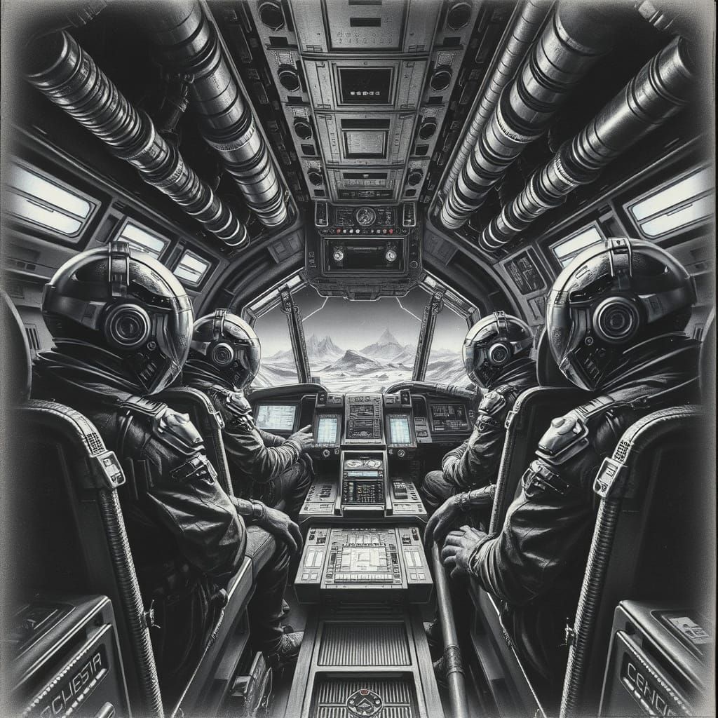 Sci-Fi Space Crew in Dark Fantasy Industrial Interior