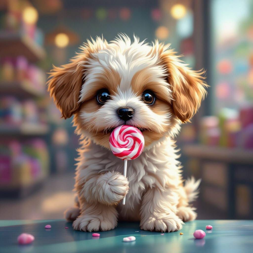 Cute Dog Enjoys Lollipop in Store