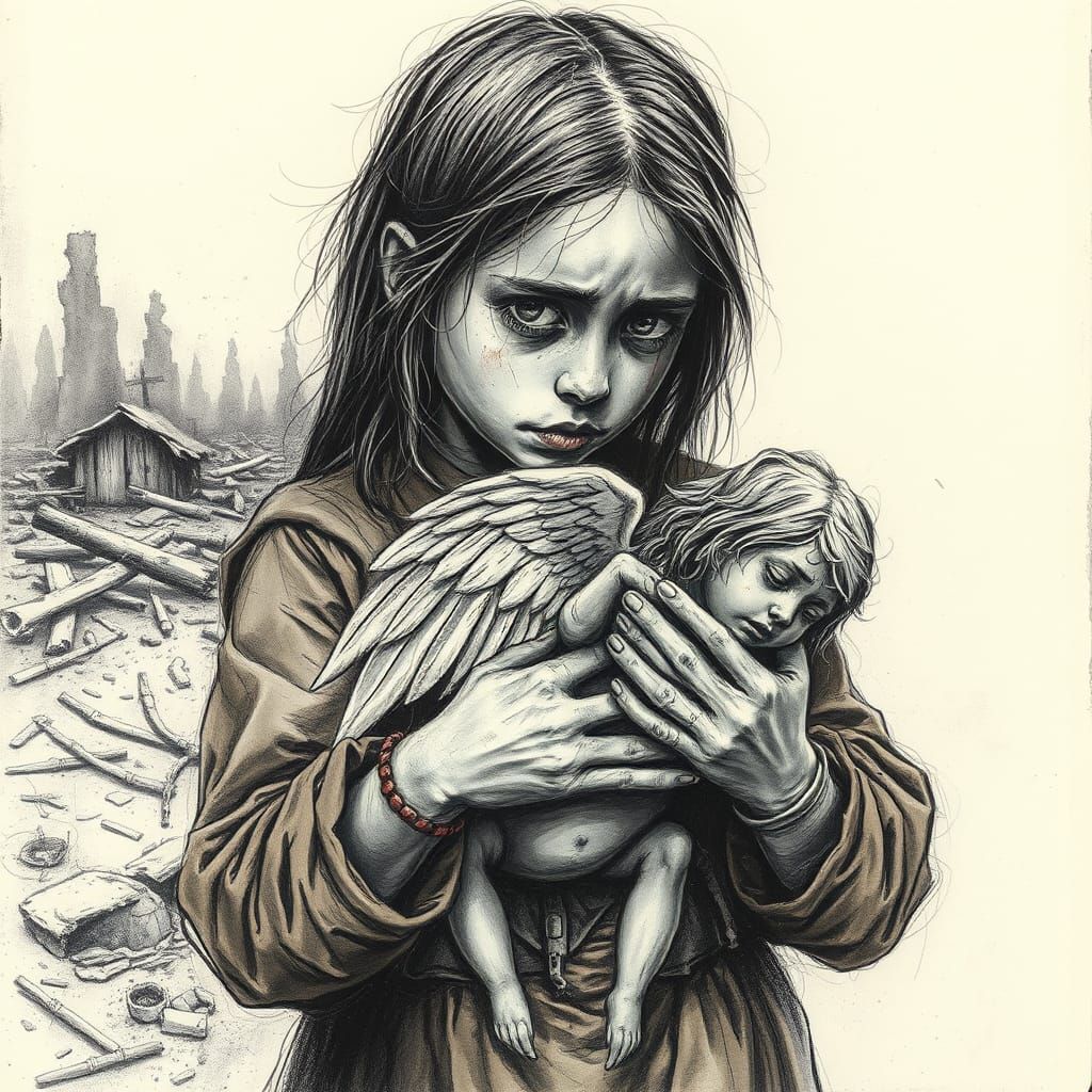 Girl with Wounded Angel in War-Torn Landscape