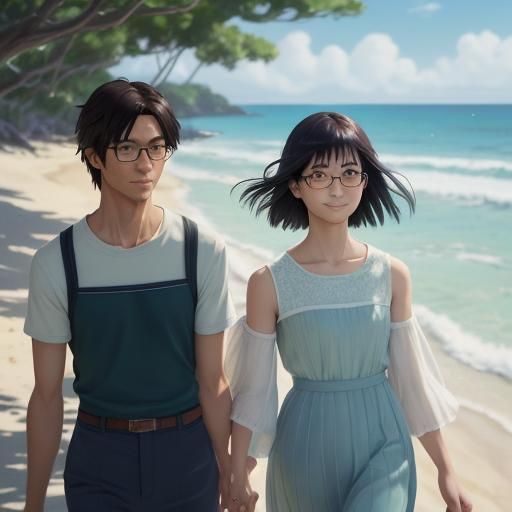 Anime Style Couple Stroll on Beach with Cats
