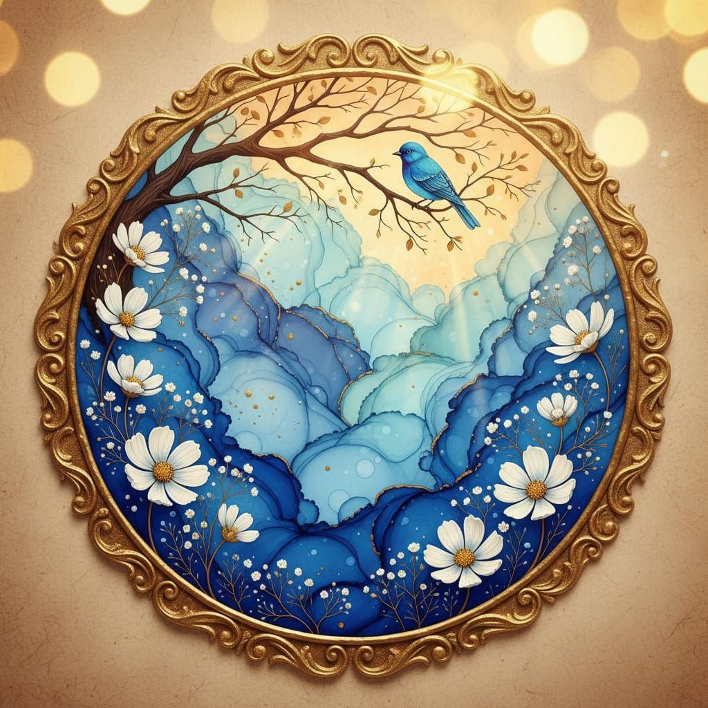 Alcohol Ink Art: Blue Clouds, Cosmos, and Bluebird in Gold F...