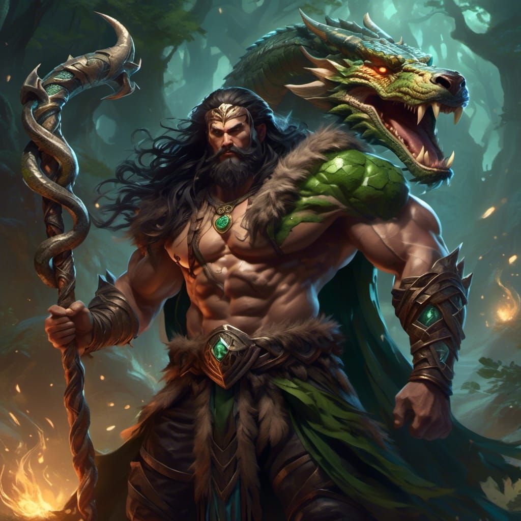 Muscular Druid with Serpent Staff in Fantasy Style