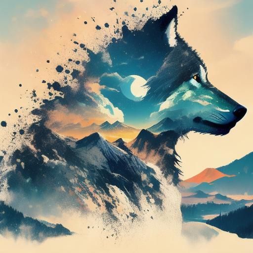 Wolf and Mountain Double Exposure Art
