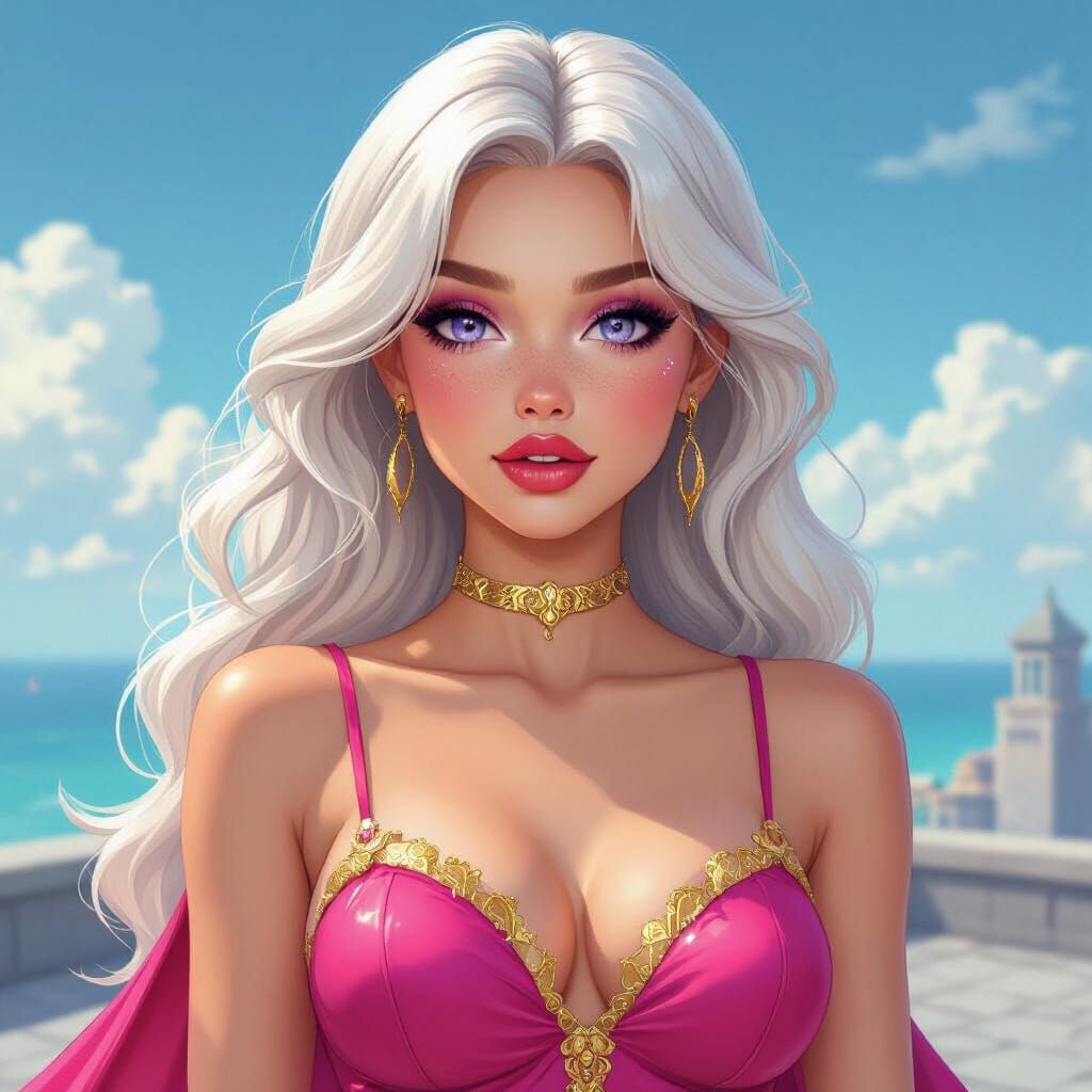 Princess on Rooftop Overlooking Sea in Synthwave Style