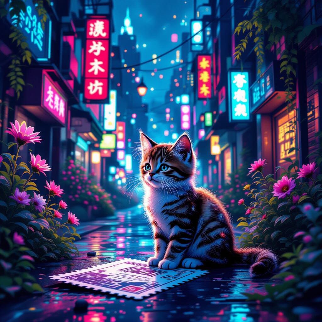 Cyberpunk City Street with Bioluminescent Flora