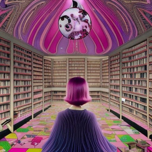 Pink-Haired Figure in Library, by Yerka and Dulac