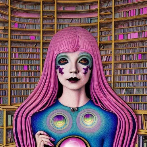 Pink-Haired Figure in Library with Gemstones