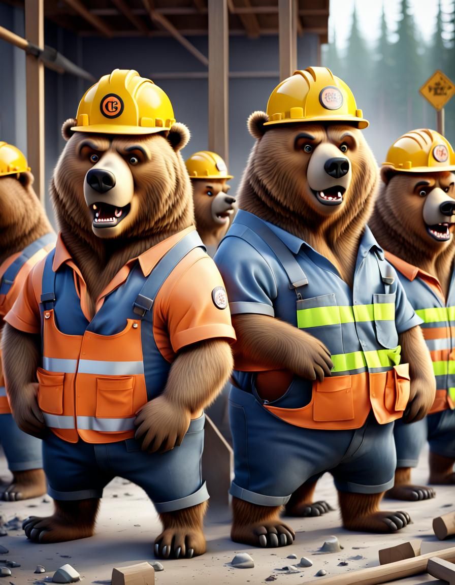Cartoon Grizzly Bears as Construction Workers in CGI
