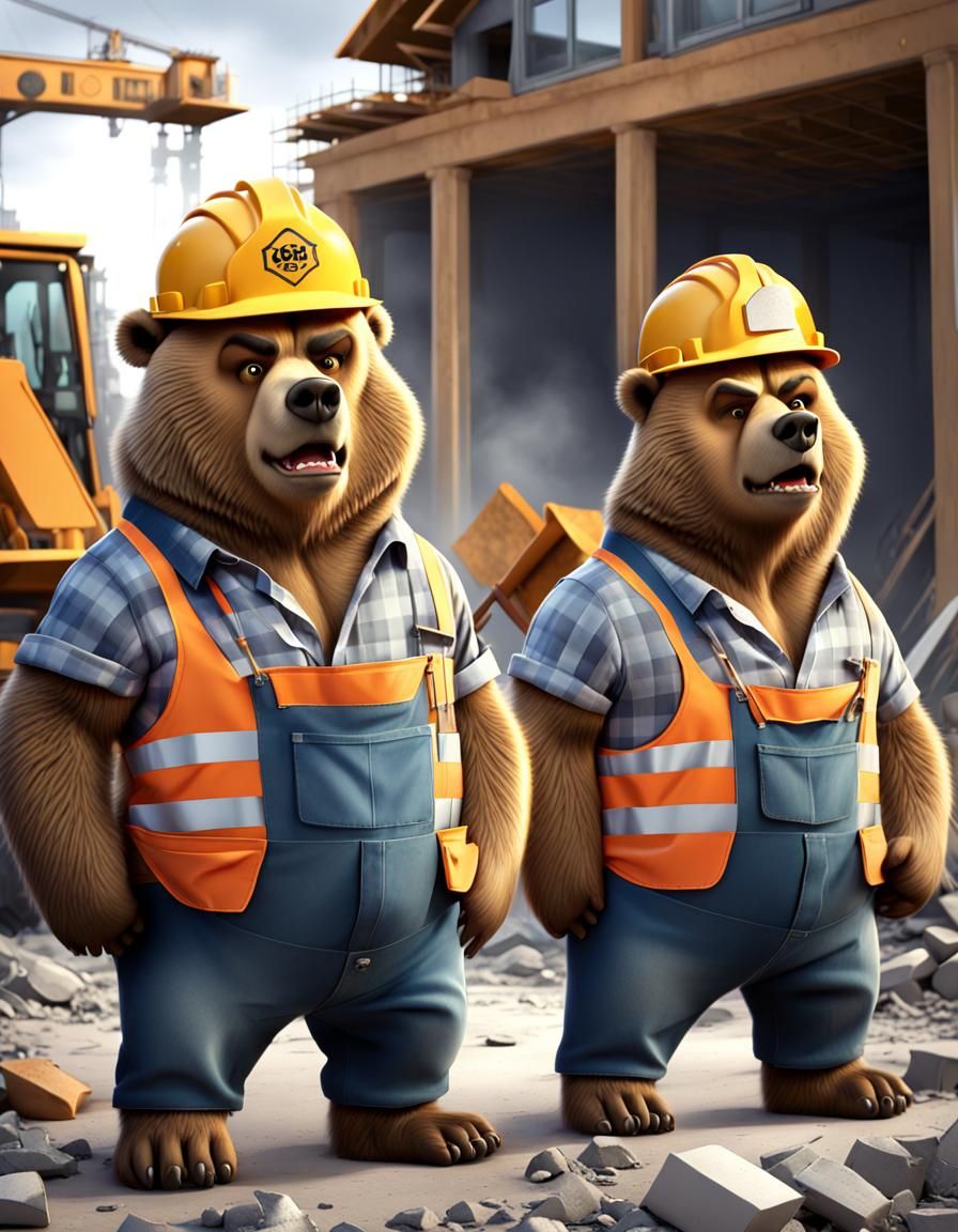 Angry Cartoon Grizzly Bears Construction Workers
