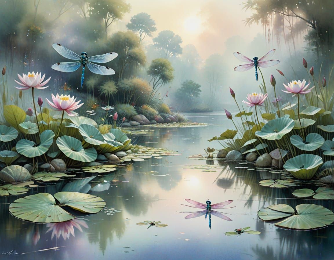Ethereal Lily Pond with Jewel-Toned Dragonflies