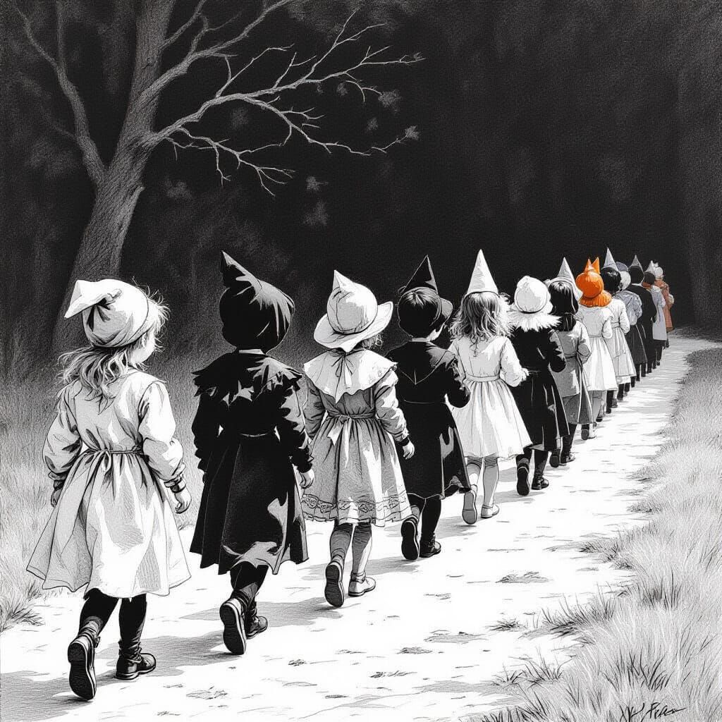 Children's Halloween Procession in Pencil Sketch Style