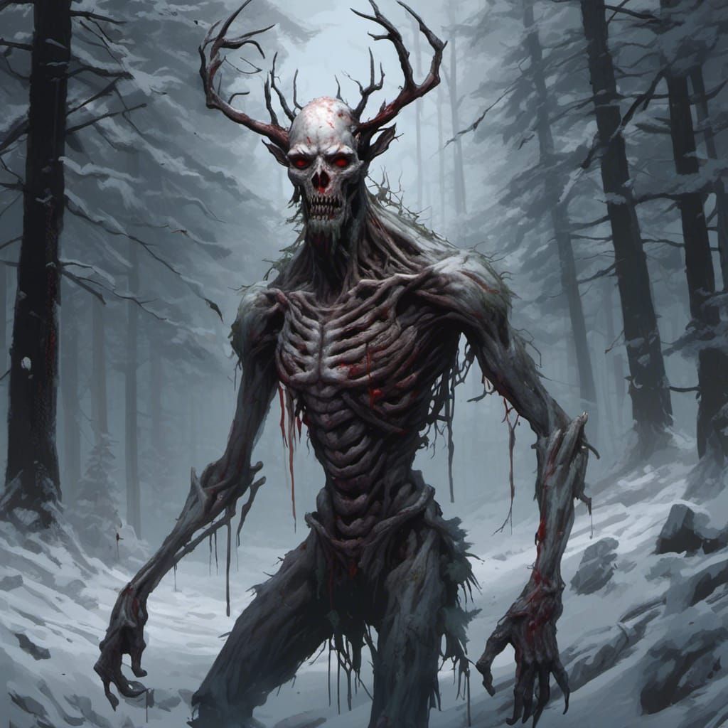 Horrific Wendigo in Snowy Forest: Digital Art