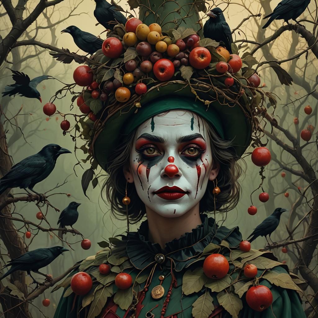 Clown Girl with Crows: Surreal Digital Matte Painting