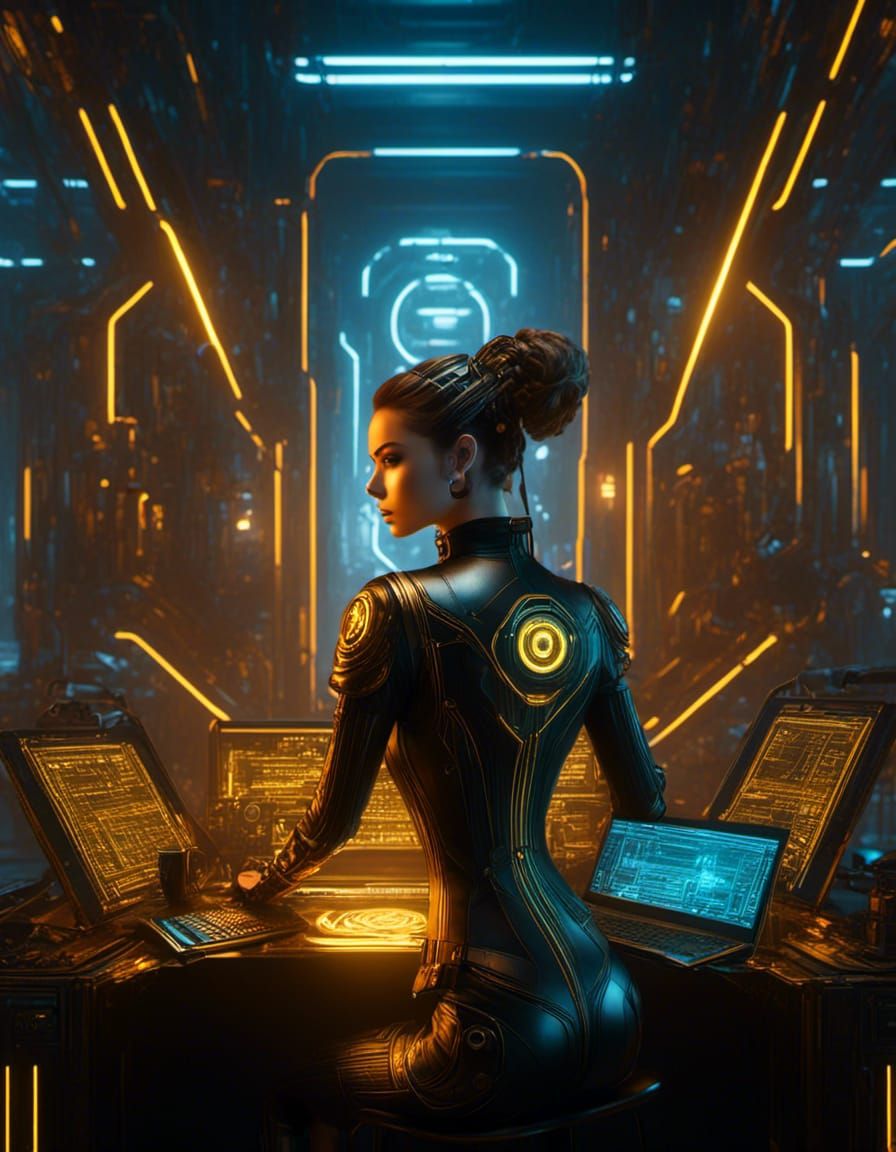 Female Steampunk TRON style Netrunner in black, red and yellow full Virtual dive gear working at a computer terminal in ...