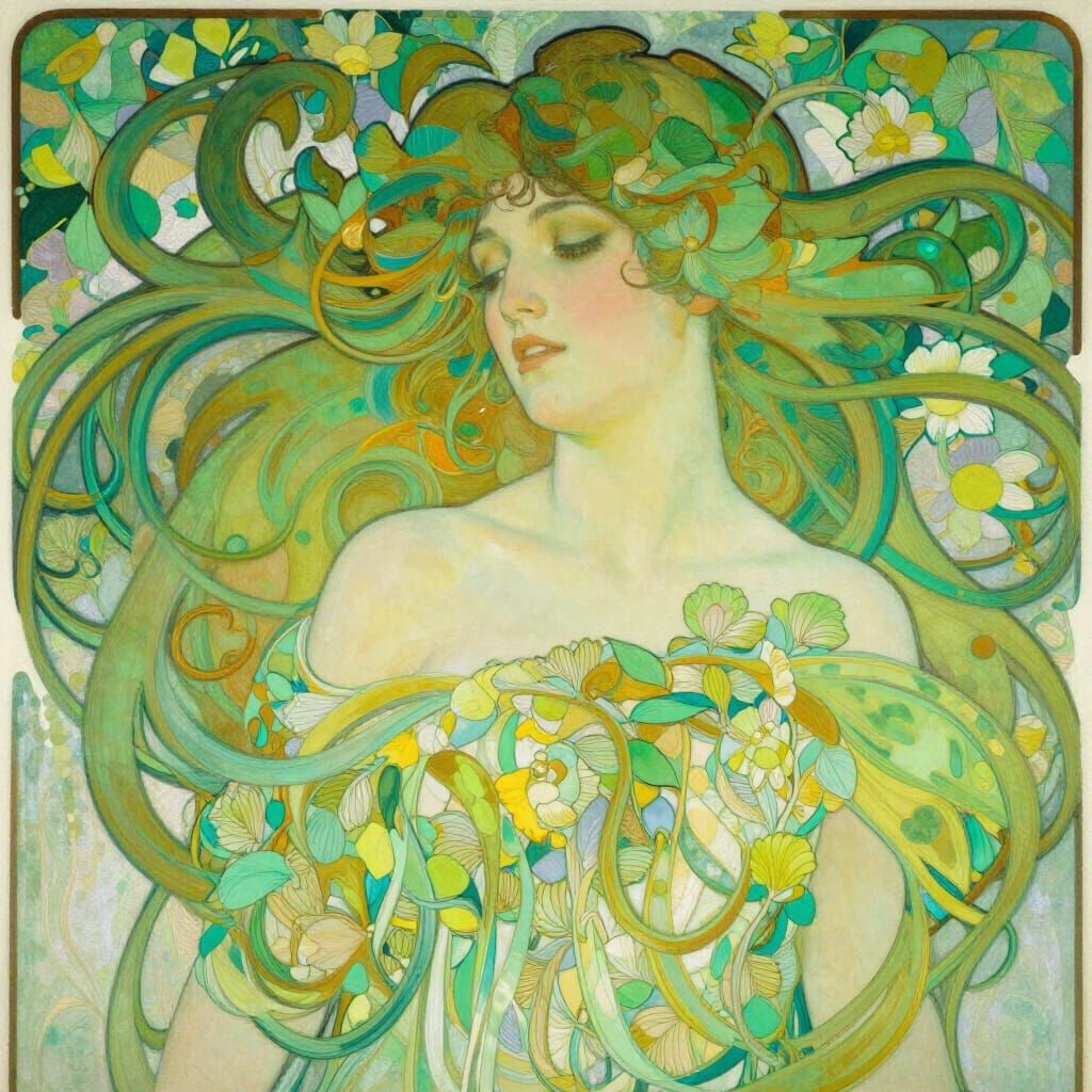 Art Nouveau Woman with Flowing Green Hair and Floral Pattern...