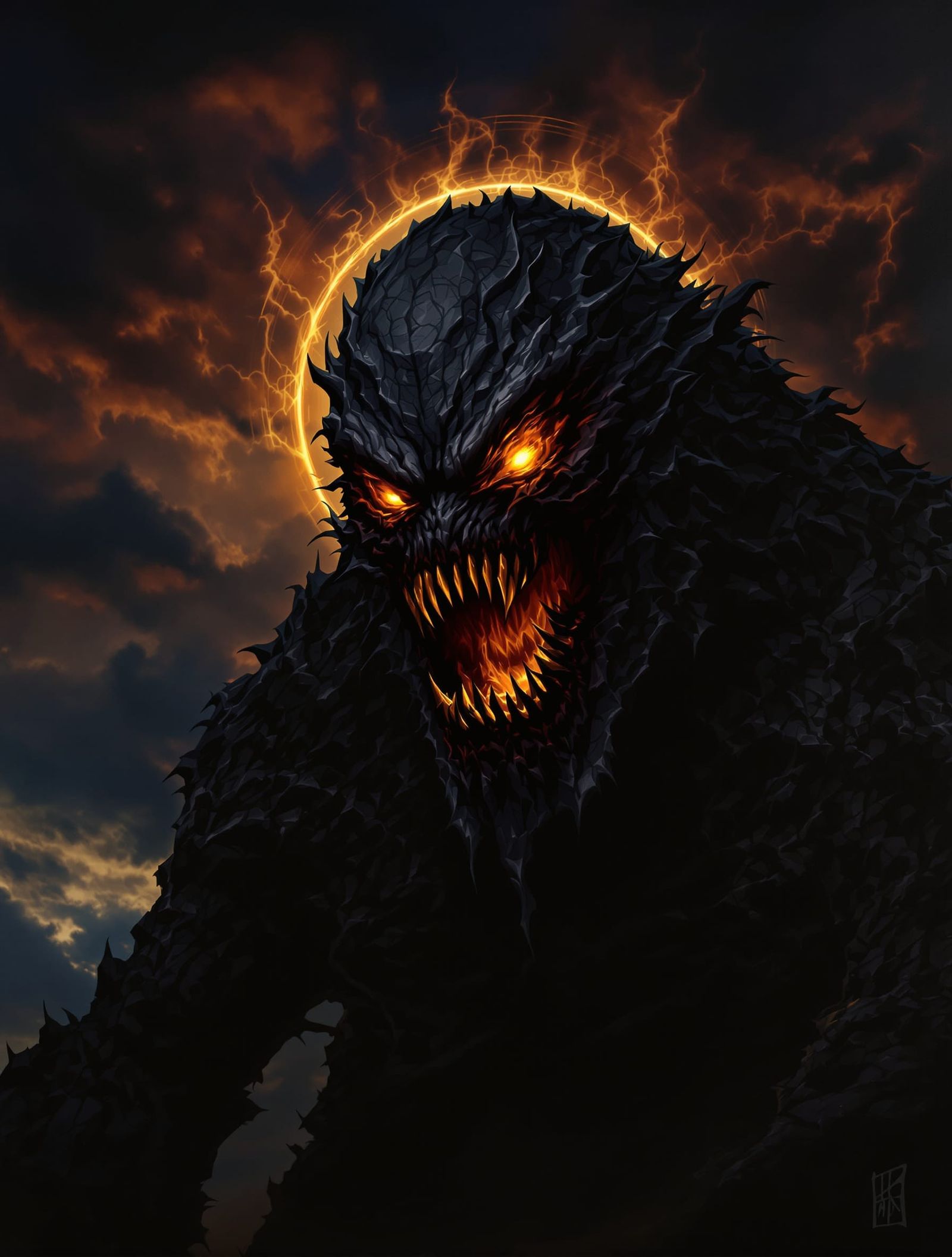 Obsidian Monster with Molten Gold Eyes in Stormy Sky