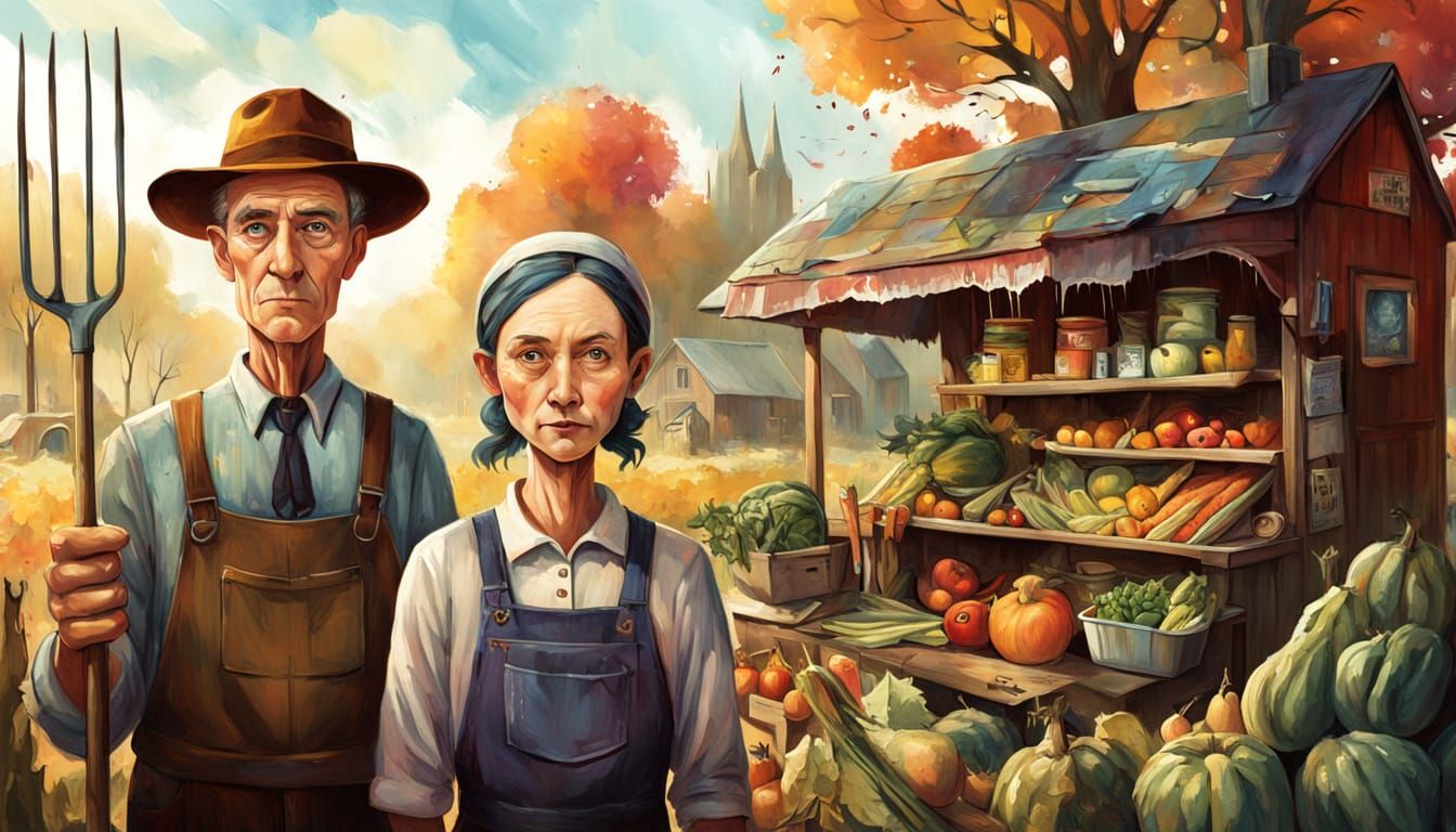 American Gothic Style Farmer Couple at Autumn Farmstand