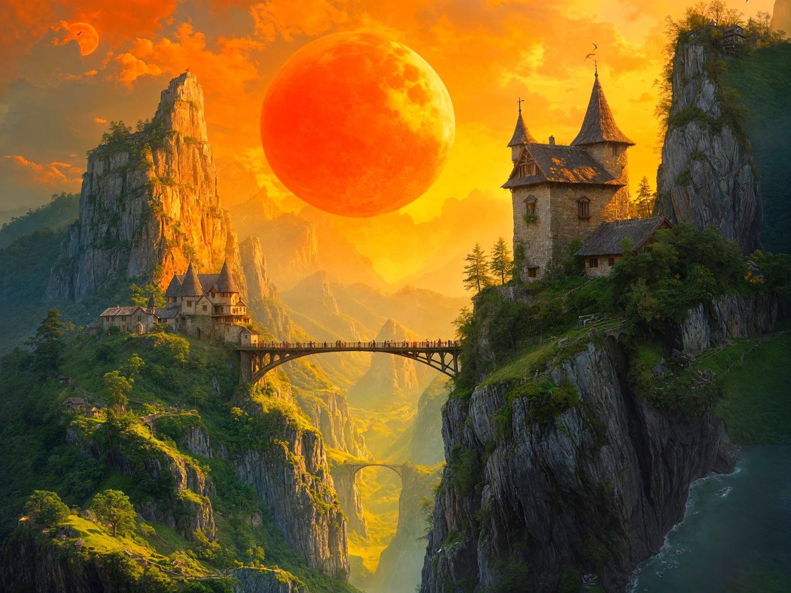 Medieval Village on Mountainside Under Orange Moon