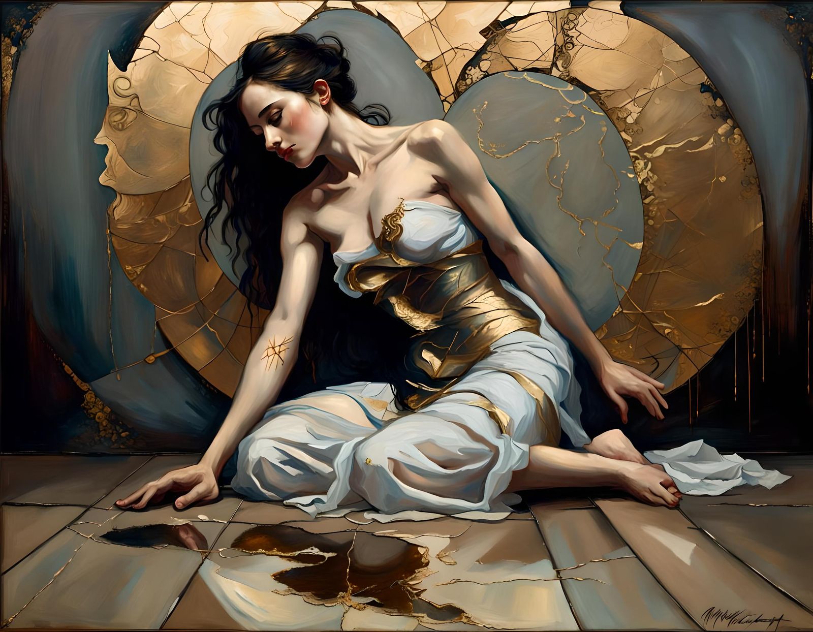 Kintsugi Woman with Metal Heart in Oil on Canvas