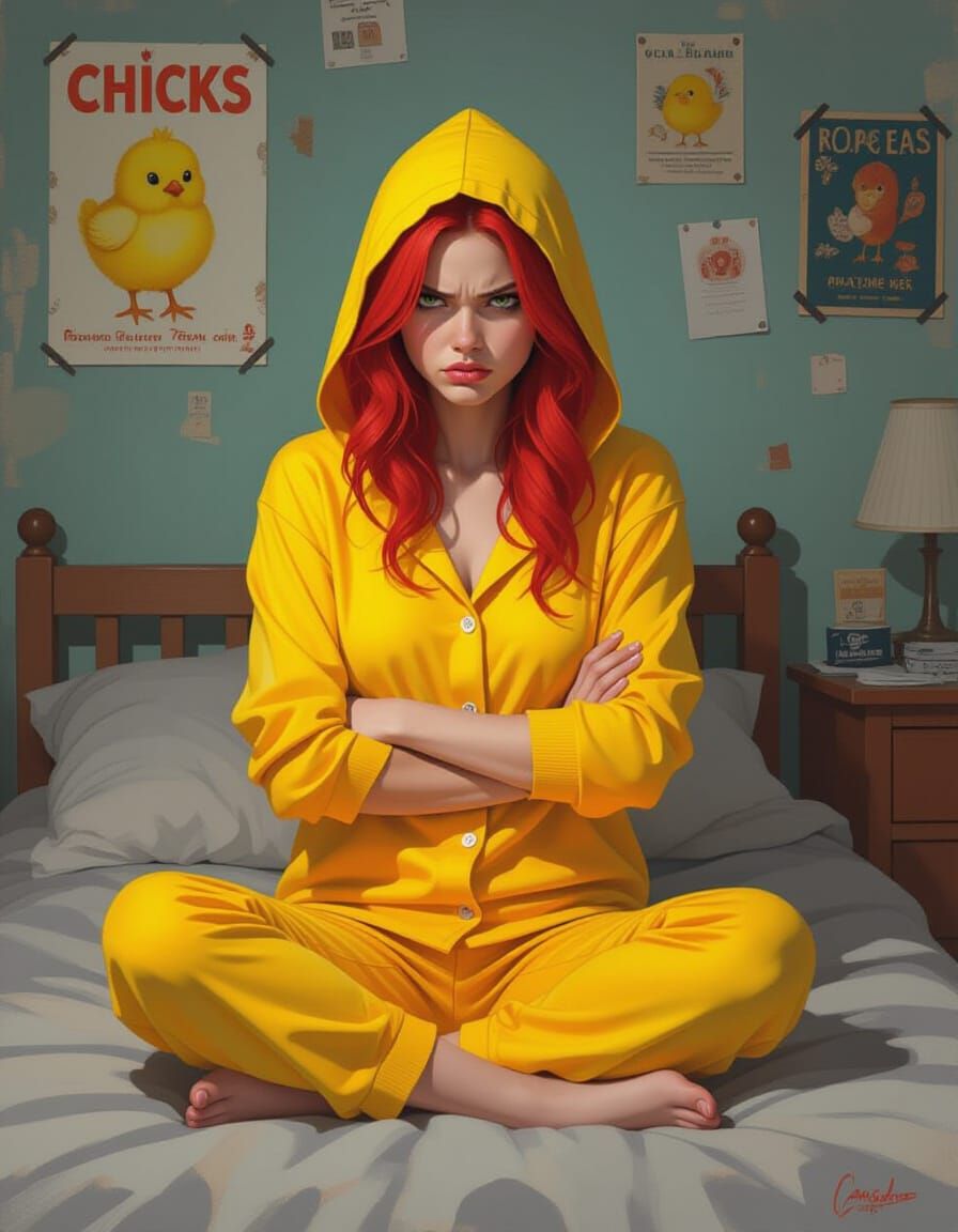 Red-Haired Woman in Chaotic Bedroom, Blended Style