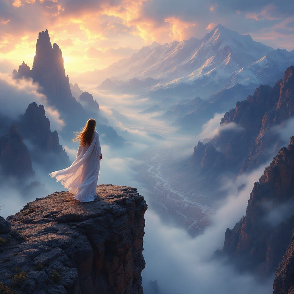 A Serene Goddess in a Dreamlike Landscape
