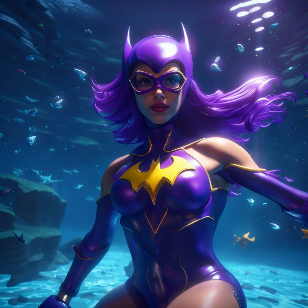 Batgirl in Purple Bikini Underwater, 3D Game Art