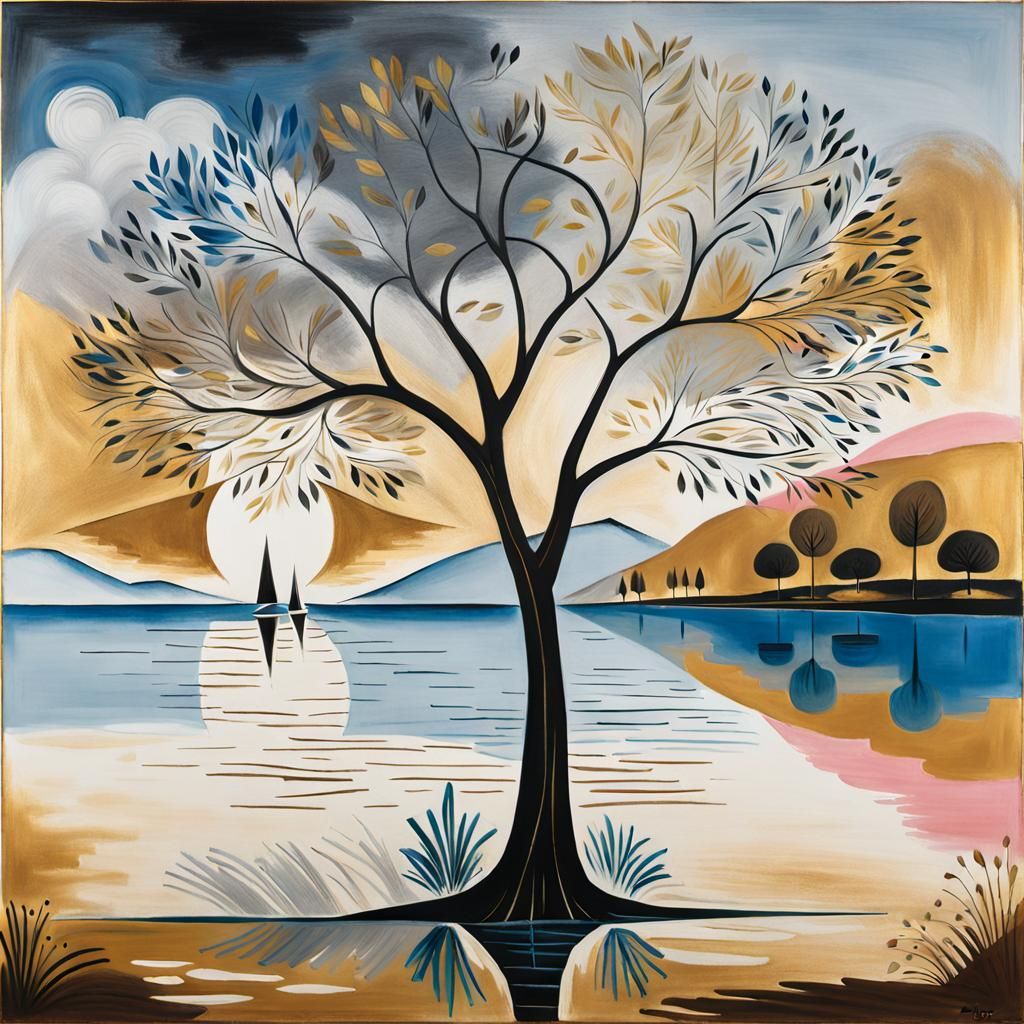Cubist Tree Near Water in Picasso Style
