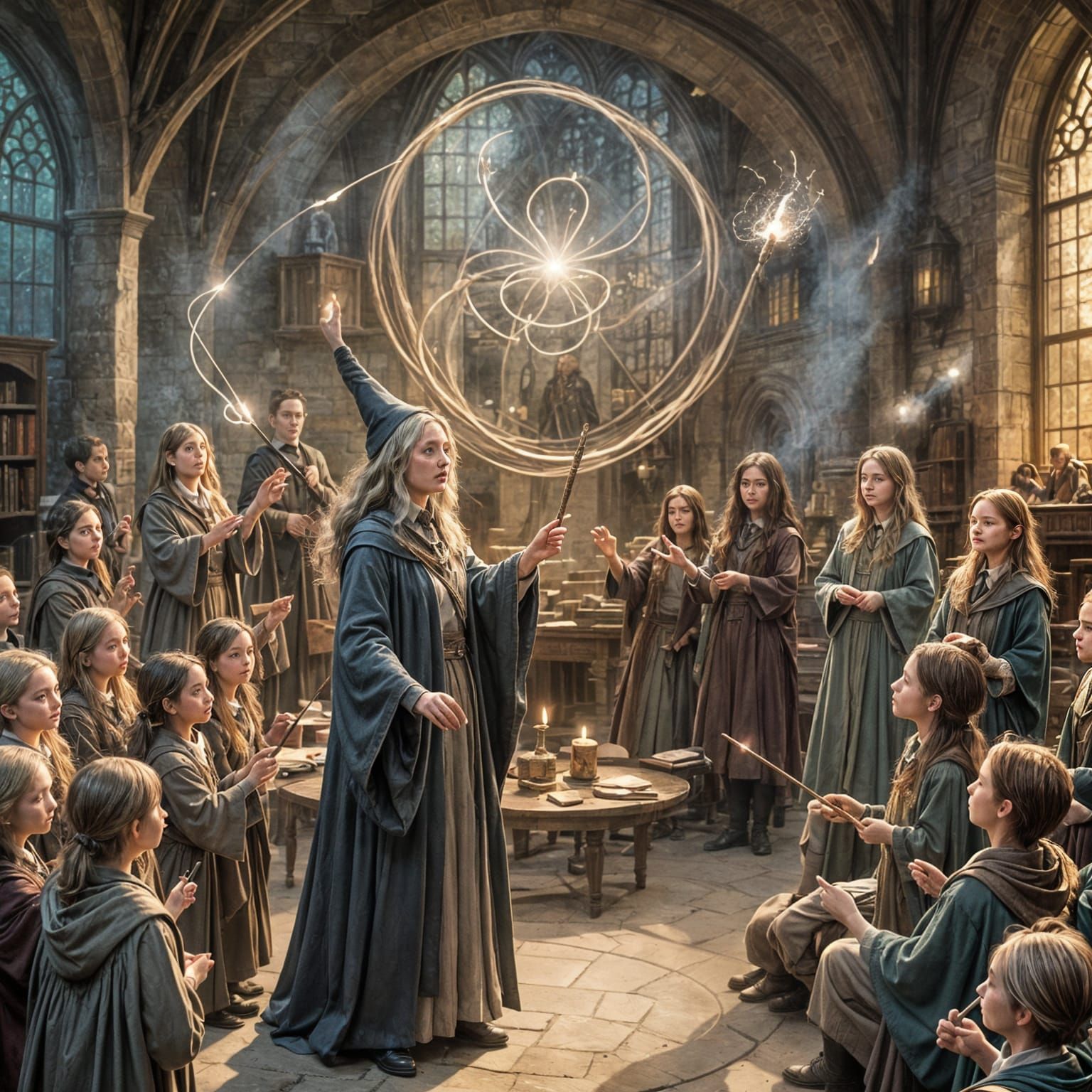 Hogwarts Professor Teaching Magic to Young Wizards