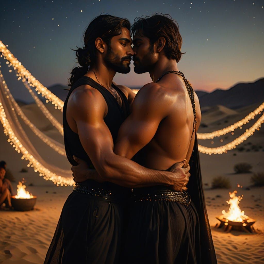 Passionate Embrace of Two Indian Men in Fauvist Style