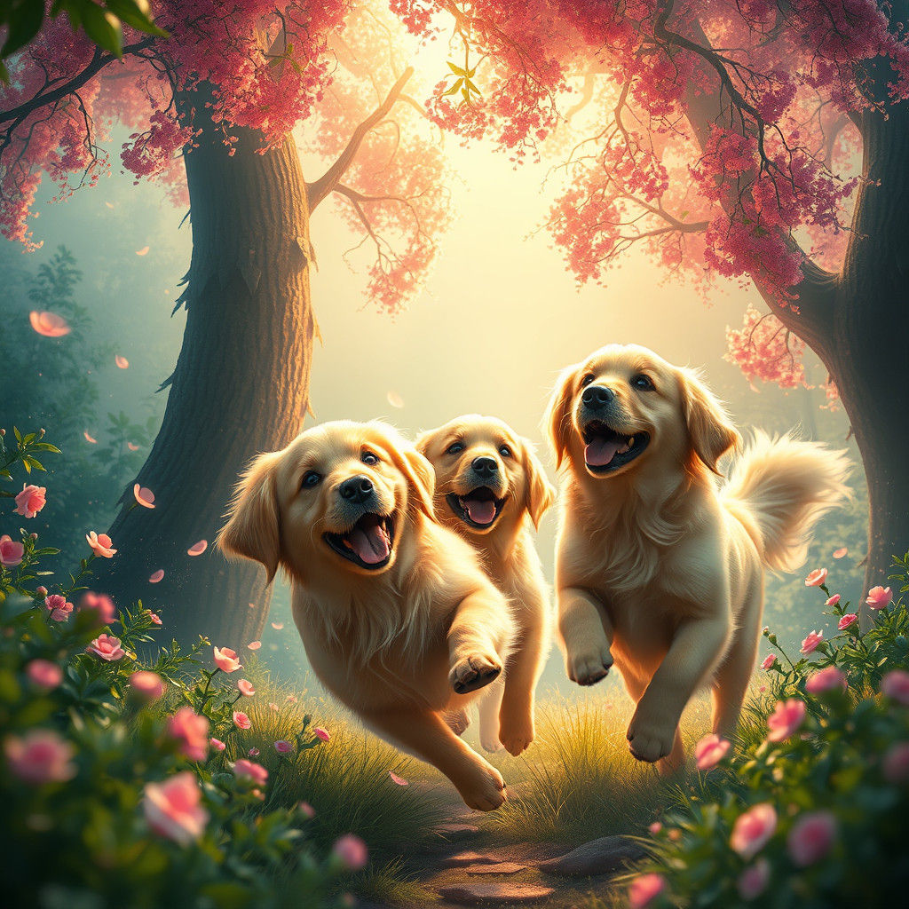 Golden Retrievers in a Dreamlike Fantasy Landscape