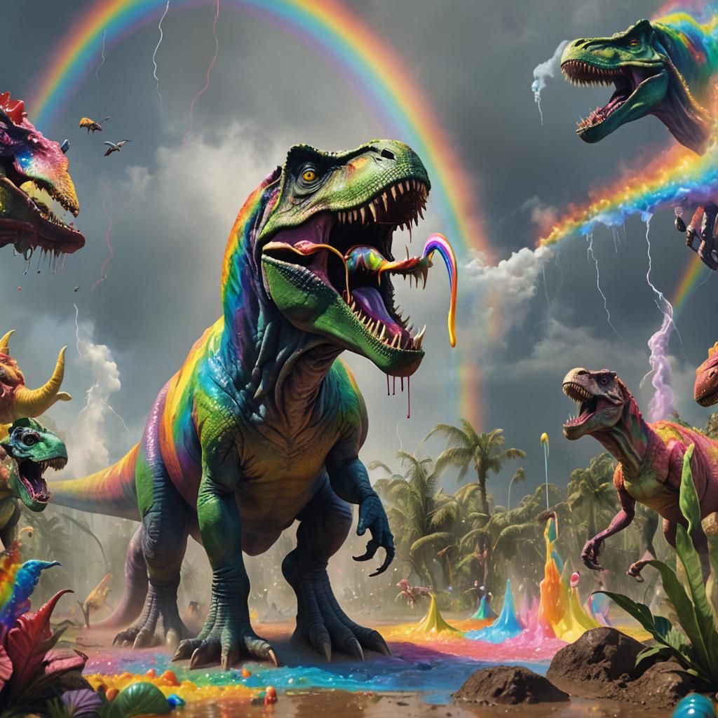 Sorcerer T-Rex Drinks Rainbows in Hyperreal Carnival