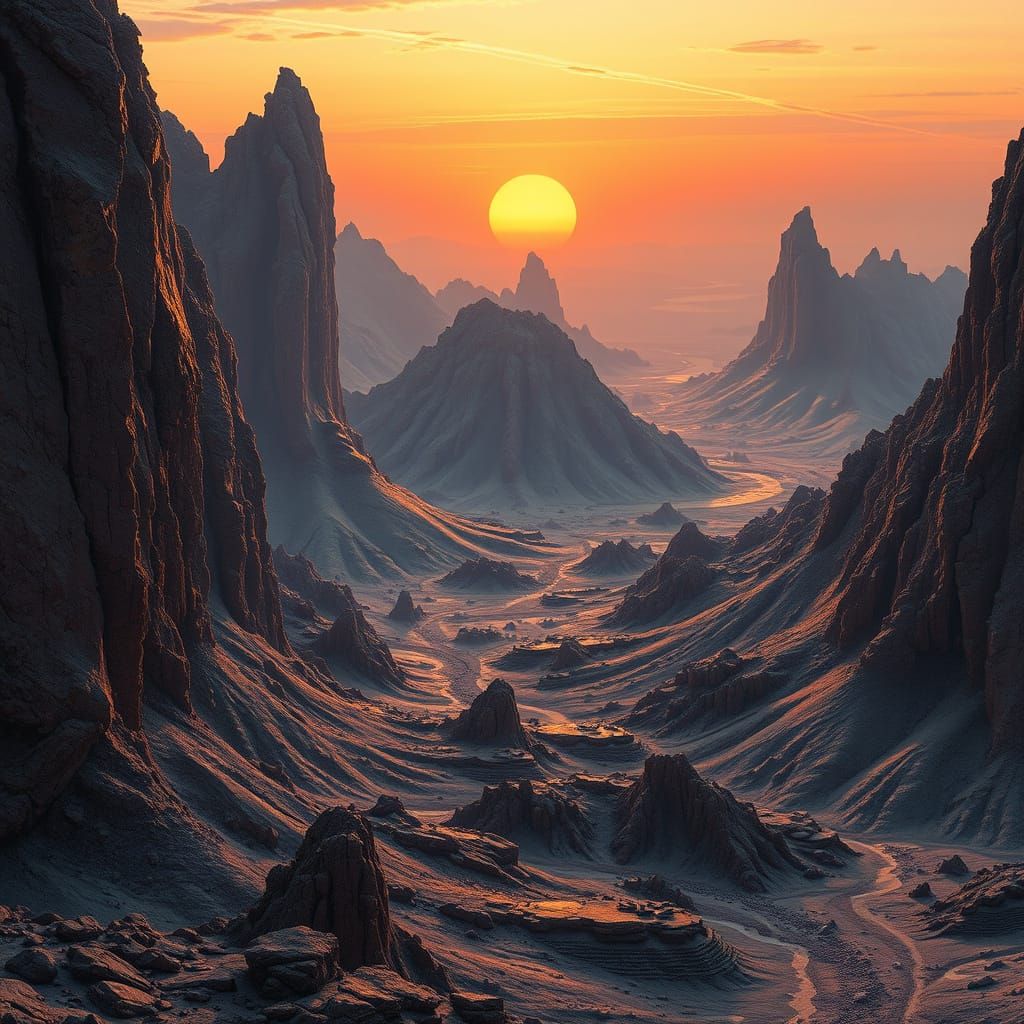 Hyperrealistic Oil Painting of Ancient Volcanoes in Sunset