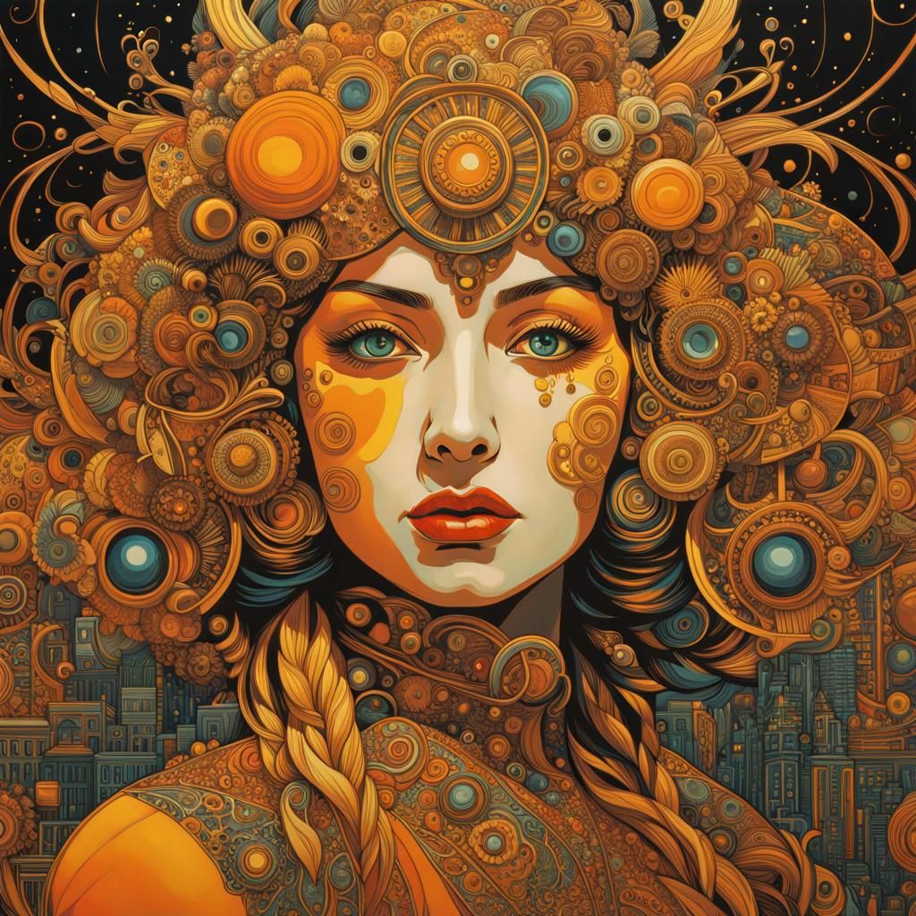 Ornate Female Figure in Dystopian Art Style