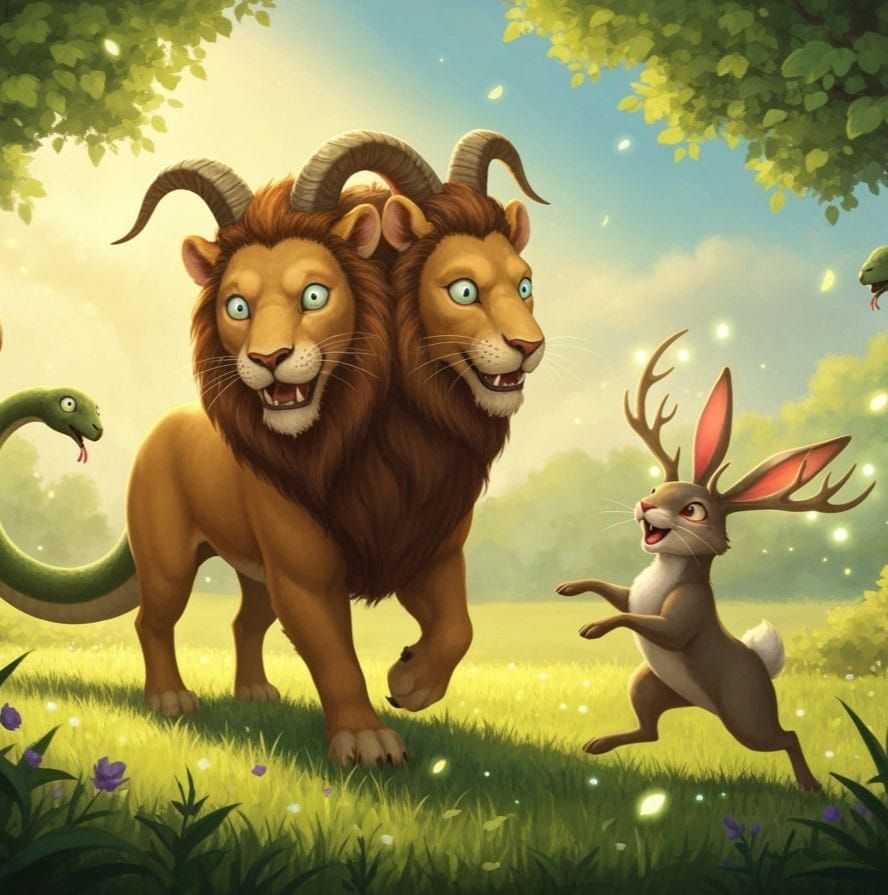 Fantasy Painting of a Derpy Chimaera and Jackalope